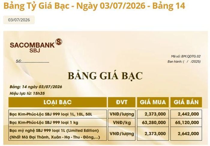 Giá bạc tại hệ thống Sacombank-SBJ hôm nay 4/7.
