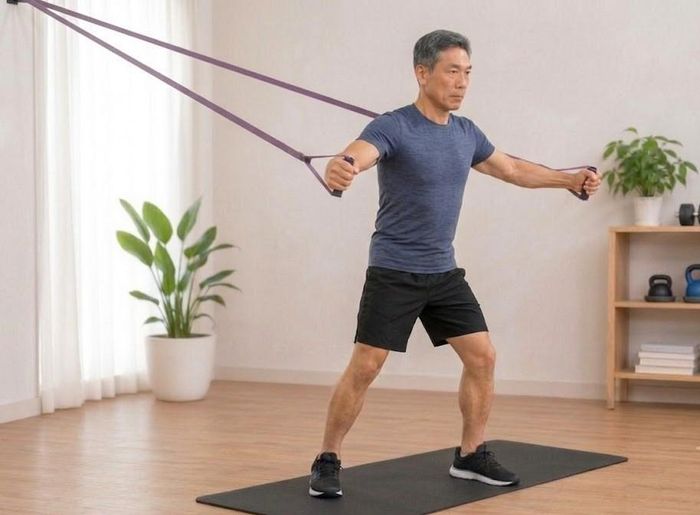 Bài tập đẩy ngực với dây kháng lực giúp tăng cường sức mạnh cơ ngực, cơ vai, cơ tam đầu và cơ bụng.