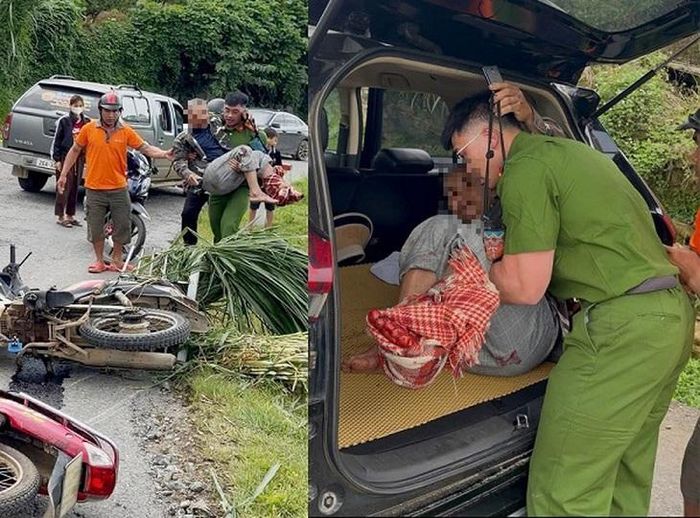Đại úy Nguyễn Đăng Sơn đưa người bị tai nạn đi cấp cứu kịp thời. Ảnh: Công an tỉnh Sơn La.