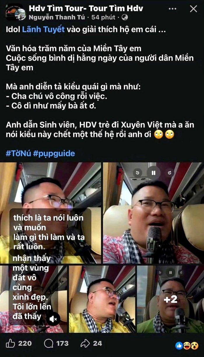 Chiều 4.7, mạng xã hội lan truyền hàng loạt đoạn livestream của tài khoản mang tên Lãnh Tuyết, một hướng dẫn viên đang dẫn đoàn tại miền Tây