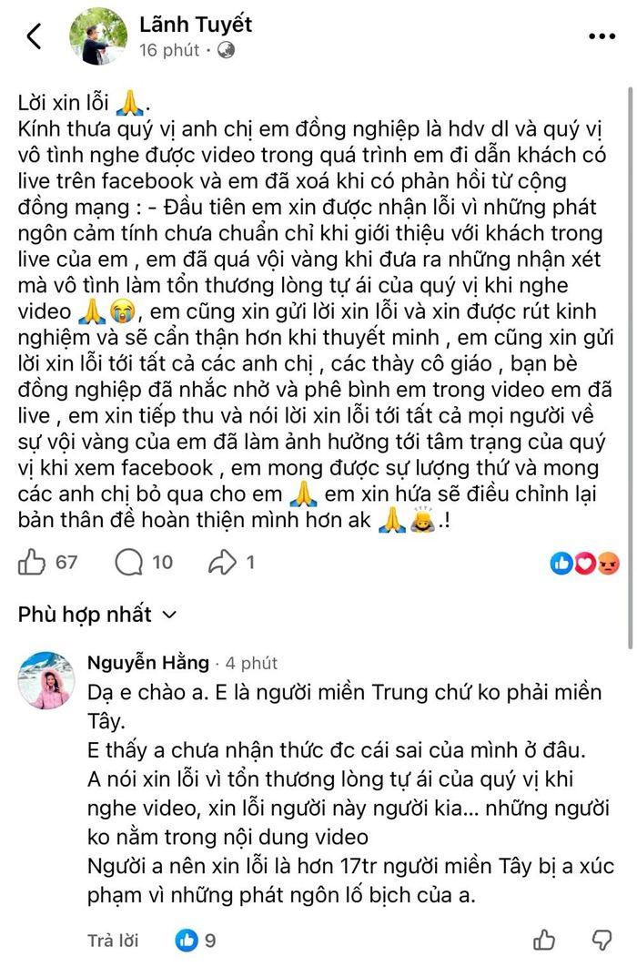 Hướng dẫn viên Lãnh Tuyết thừa nhận đã có những phát ngôn cảm tính, thiếu chuẩn mực khi giới thiệu với khách, cho biết sẽ rút kinh nghiệm và mong được cộng đồng tha thứ