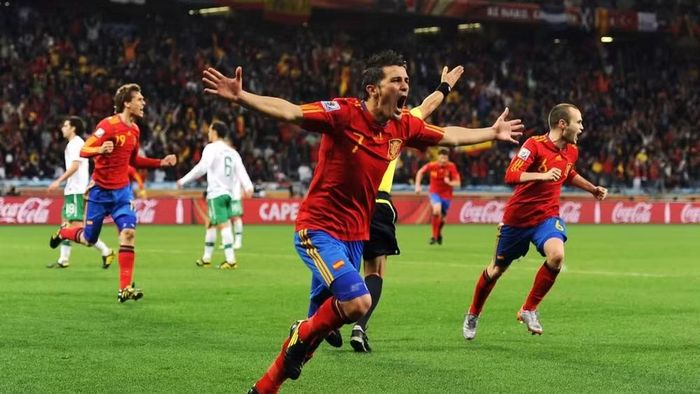 David Villa ăn mừng sau khi ghi bàn thắng giúp Tây Ban Nha đánh bại Bồ Đào Nha ở vòng 16 đội World Cup 2010. (Ảnh: FIFA)