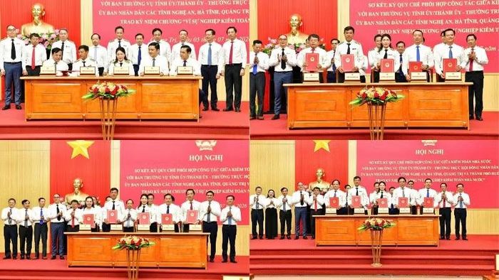 Đại diện lãnh đạo Kiểm toán nhà nước ký Quy chế phối hợp công tác giữa Kiểm toán nhà nước với Ban Thường vụ Tỉnh ủy, Thành ủy, Thường trực Hội đồng nhân dân và Ủy ban nhân dân các tỉnh: Nghệ An, Hà Tĩnh, Quảng Trị và thành phố Huế.