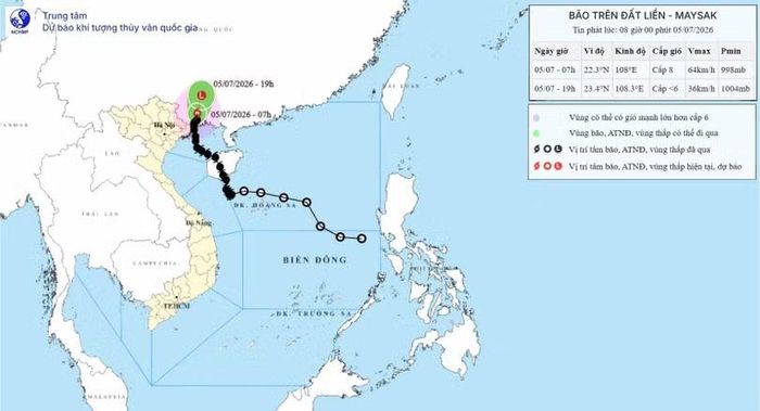 Hồi 7 giờ ngày 5/7, vị trí tâm bão số 01 trên khu vực phía Nam tỉnh Quảng Tây (Trung Quốc). Ảnh: Trung tâm Dự báo Khí tượng Thủy văn Quốc gia.