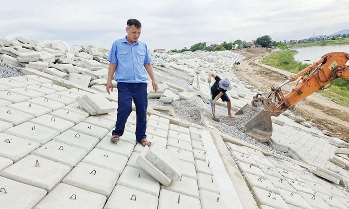 Thi công dự án khắc phục sự cố tại đê tả Cầu, xã Xuân Cẩm.