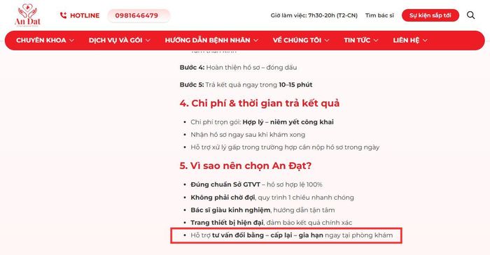 Cũng trên trang website, Phòng khám Đa khoa Quốc tế An Đạt nghiễm nhiên liệt kê việc “Hỗ trợ tư vấn đổi bằng – cấp lại – gia hạn ngay tại phòng khám” là một trong những ưu điểm thu hút khách hàng, bộc lộ sự móc nối giữa y tế và hành chính.