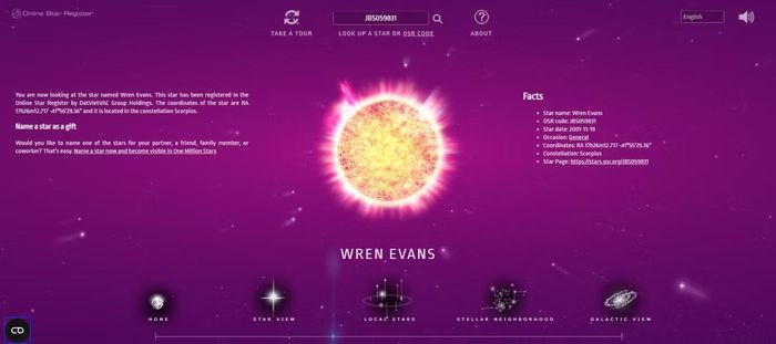 Ngôi sao mang tên Wren Evans khai sinh ngày 19/11/2001, nằm ở vị trí cung Bọ cạp, hoàn toàn trùng khớp với sinh nhật và cung hoàng đạo của nam ca sĩ.