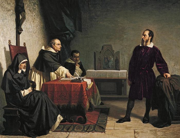  Galileo đối mặt với tòa án dị giáo La Mã, tranh của Cristiano Banti [1857]. Nguồn: Wikimedia. 