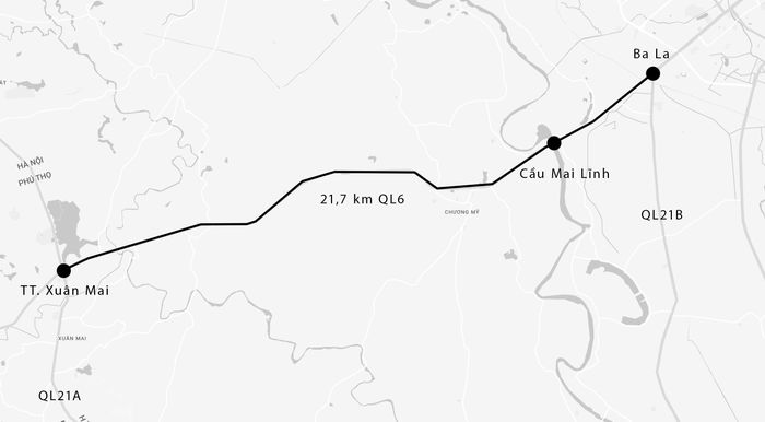  Tuyến Quốc lộ 6 đoạn Hà Đông - Xuân Mai có chiều dài khoảng 21,7 km, mặt cắt ngang rộng 50 - 60 m. Ảnh: Google Maps - Đồ họa: Đinh Hà. 