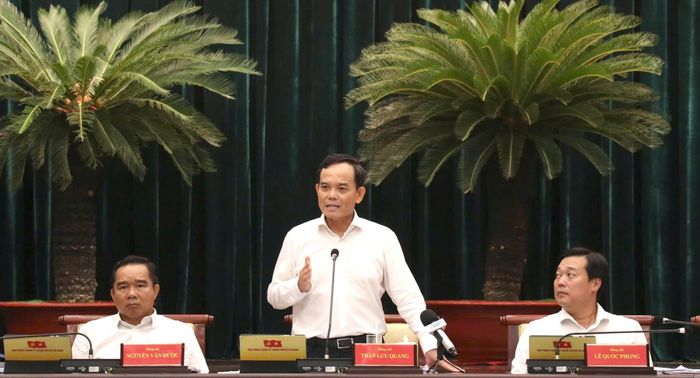 Bí thư Thành ủy TP.HCM Trần Lưu Quang phát biểu tại hội nghị. Ảnh: Nguyên Nguyên
