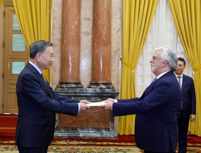 Tổng Bí thư, Chủ tịch nước Tô Lâm nhận Quốc thư từ Đại sứ Bồ Đào Nha Joaquim Alberto De Sousa Moreira De Lemos. Ảnh: TTXVN