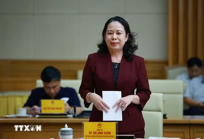 Phó Chủ tịch nước Võ Thị Ánh Xuân, Phó Chủ tịch Thứ nhất Hội đồng Thi đua-Khen thưởng Trung ương phát biểu. (Ảnh: Dương Giang/TTXVN)
