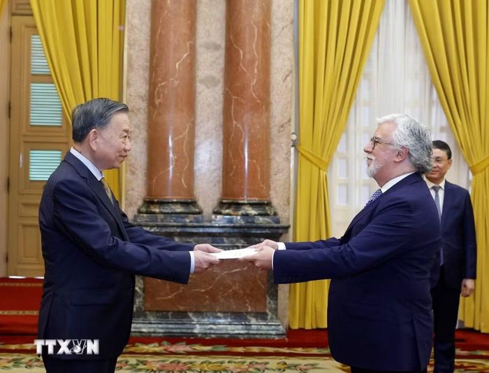 Tổng Bí thư, Chủ tịch nước Tô Lâm nhận Quốc thư từ Đại sứ Bồ Đào Nha Joaquim Alberto De Sousa Moreira De Lemos. (Ảnh: Thống Nhất/TTXVN)