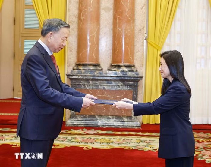 Tổng Bí thư, Chủ tịch nước Tô Lâm nhận Quốc thư từ Đại sứ Hợp chúng quốc Hoa Kỳ Jennifer Wicks McNamara. (Ảnh: Thống Nhất/TTXVN)