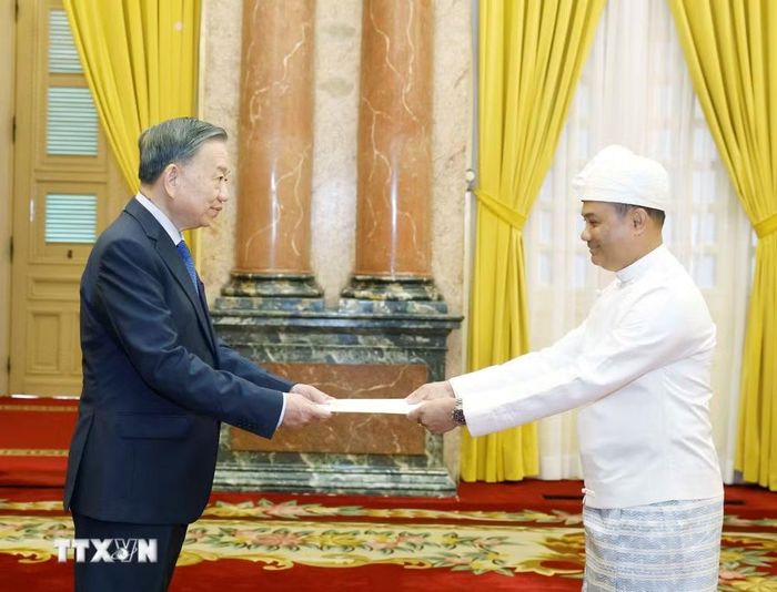 Tổng Bí thư, Chủ tịch nước Tô Lâm nhận Quốc thư từ Đại sứ Cộng hòa Liên bang Myanmar Wai Linn. (Ảnh: Thống Nhất/TTXVN)