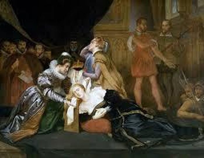 Mary Stuart đã yêu cầu 4 người hầu nam và hai thị nữ của bà phải đi cùng bà đến nơi hành quyết, như được thể hiện bức tranh sơn dầu thế kỷ XIX “Cái chết của Nữ hoàng” của Abel de Pujol. Ảnh: National Geographic