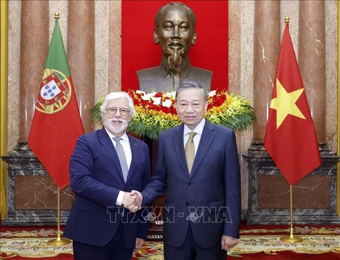 Tổng Bí thư, Chủ tịch nước Tô Lâm và Đại sứ Bồ Đào Nha Joaquim Alberto De Sousa Moreira De Lemos. Ảnh: Thống Nhất/TTXVN