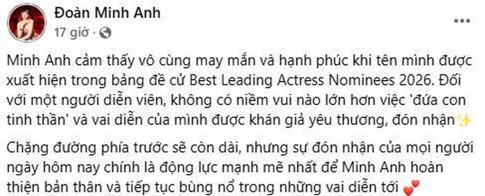 Đoàn Minh Anh bày tỏ niềm hạnh phúc khi lần đầu được đề cử Nữ diễn viên chính xuất sắc tại DANAFF 2026. Ảnh: Chụp màn hình