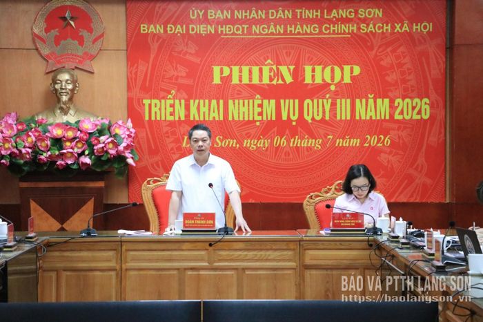 Đồng chí Đoàn Thanh Sơn, Phó Chủ tịch UBND tỉnh, Trưởng Ban Đại diện HĐQT NHCSXH tỉnh phát biểu tại phiên họp