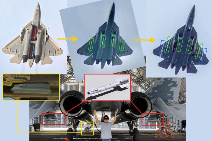 Cấu hình mang tên lửa gắn ngoài mới xuất hiện trên Su-57 cho thấy máy bay có thể đang chuyển từ tiêm kích tấn công tàng hình sang khí tài phòng không mang nhiều tên lửa. Ảnh: Army Recognition
