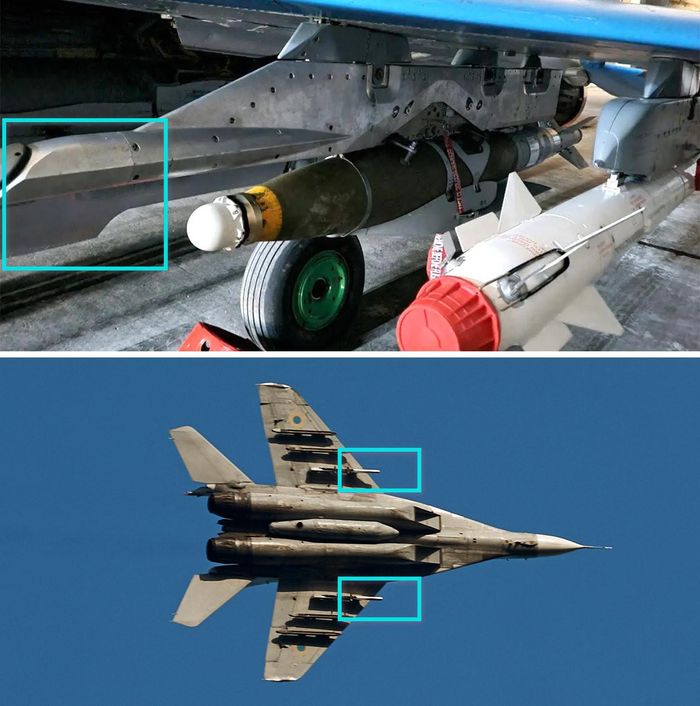 Bom lượn JDAM-ER trên giá treo. Ăng-ten GPS nằm trong phần khoanh xanh. Ảnh: OSINTechnical, Không quân Ukraine
