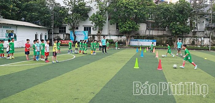 Các cầu thủ nhí tích cực tập luyện tại lớp bóng đá hè, rèn luyện thể lực, kỹ năng phối hợp và tinh thần đồng đội.