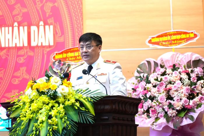 Đồng chí Thiếu tướng Nguyễn Thanh Liêm, Giám đốc Công an tỉnh phát biểu tại buổi lễ - Ảnh: T.Đ