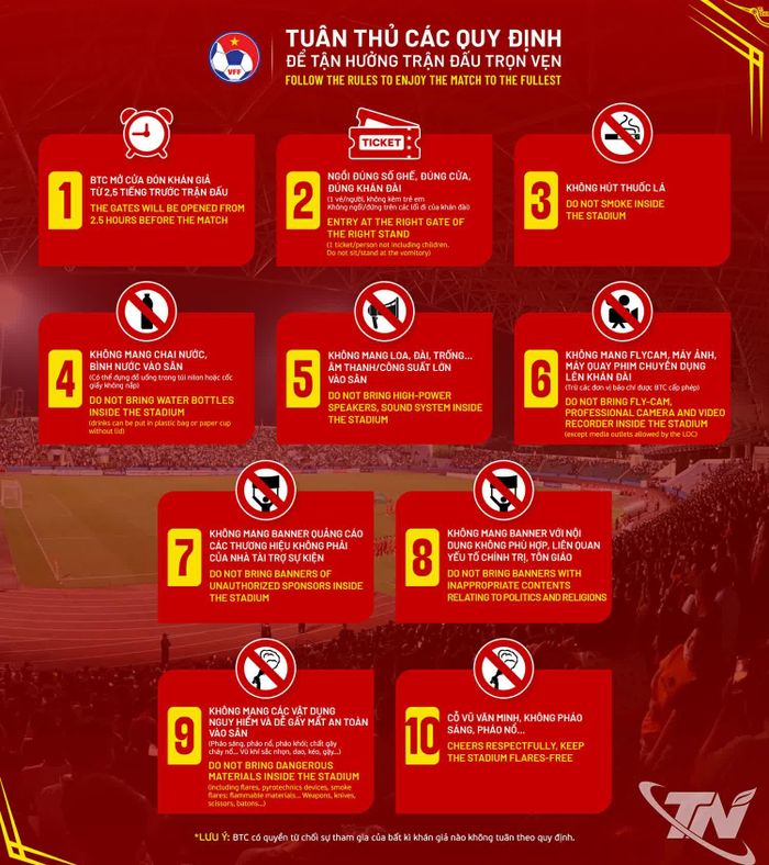 10 quy định bắt buộc khán giả cần tuân thủ khi đến Sân vận động Thái Nguyên.
