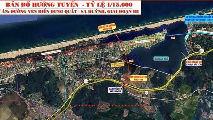 Bản đồ hướng tuyến dự án đường ven biển Dung Quất - Sa Huỳnh giai đoạn III.