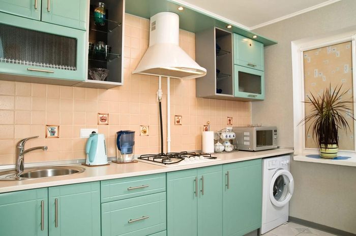 Hệ tủ màu xanh pastel dịu nhẹ