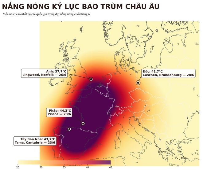Một số mốc nhiệt cao nhiệt ghi nhận tại các nước châu Âu trong đợt nắng nóng cuối tháng 6.