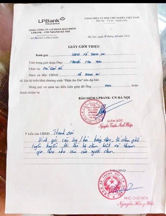 Giấy giới thiệu của Tổng Công ty Bảo hiểm LP Bank - Chi nhánh Hà Nội (LPBank Insurance) có ý kiến của UBND xã Thanh Oai. Ảnh: Người dân cung cấp