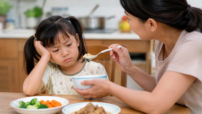 Ép ăn, dọa nạt, cho trẻ vừa ăn vừa xem điện thoại, kéo dài bữa ăn quá lâu, dùng bánh kẹo làm phần thưởng hoặc thay đổi món liên tục theo đòi hỏi của trẻ đều có thể làm rối loạn hành vi ăn uống. Ảnh minh họa