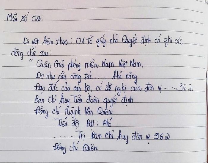 Các thông tin được dịch lại từ di vật của liệt sĩ Huỳnh Văn Quên. Ảnh: Bộ Tư lệnh TP.
