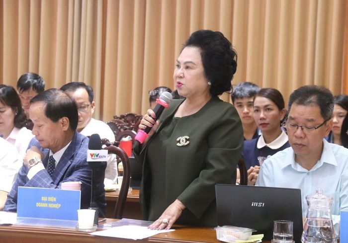 Bà Lý Kim Chi, Chủ tịch Hiệp hội Lương thực - Thực phẩm TP. Hồ Chí Minh phát biểu tại hội nghị. Ảnh: Hứa Chung - TTXVN