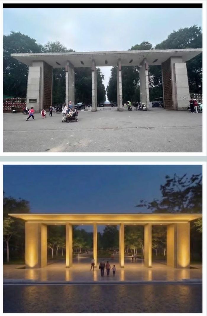Hiện trạng cổng Công viên Thống Nhất và phối cảnh thiết kế sau cải tạo theo phương án đề xuất.