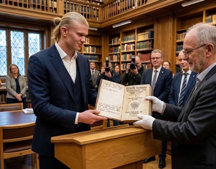 Erling Haaland trao tặng cuốn sách cổ về người Viking cho thư viện ở quê hương Bryne.