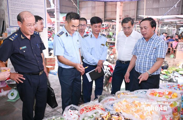 Ban Chỉ đạo 389 tỉnh kiểm tra tại chợ Giát, xã Quỳnh Lưu. Ảnh: Thành Cường