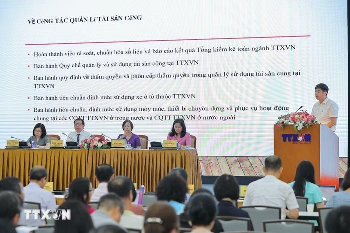 Hội nghị sơ kết công tác 6 tháng đầu năm và triển khai nhiệm vụ 6 tháng cuối năm 2026 của TTXVN. (Ảnh: Lê Đông/TTXVN)