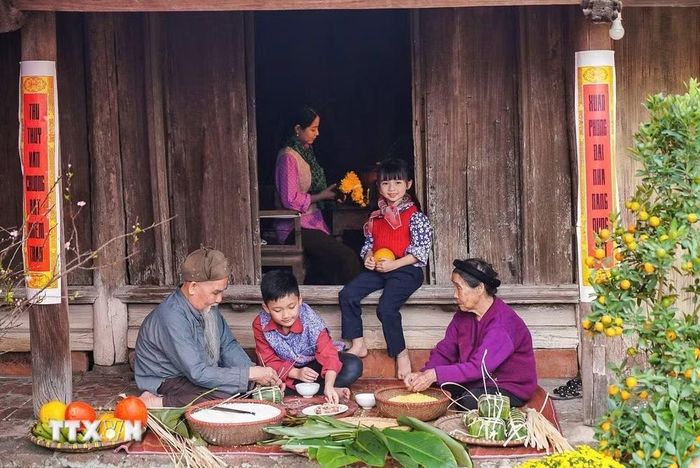 Các thành viên trong gia đình cùng nhau gói bánh chưng - một loại bánh truyền thống không thể thiếu trong dịp Tết đến Xuân về. (Ảnh: Khánh Hòa/TTXVN)