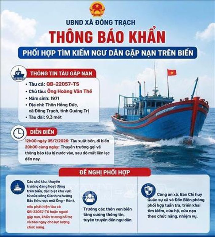 UBND xã Đông Trạch đã ban hành thông báo khẩn đến các tàu thuyền của xã đang đánh cá trên biển hỗ trợ tìm kiếm tàu cá và hai ngư dân bị mất liên lạc. Ảnh: TTXVN phát
