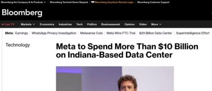 Bloomberg đưa tin Meta chi 10 tỷ USD xây dựng trung tâm dữ liệu ở Indiana.