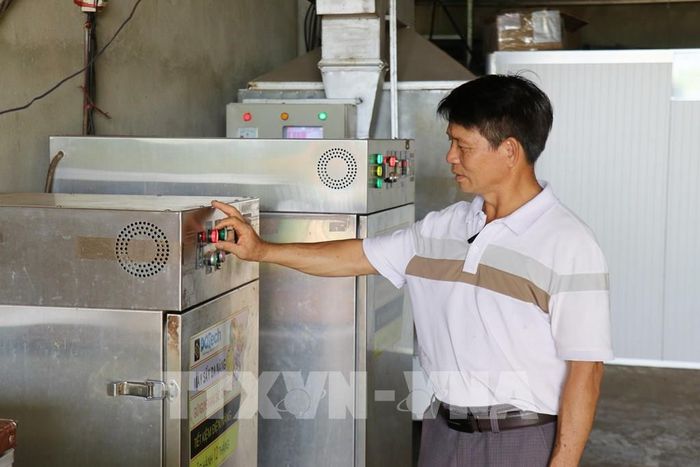 Hệ thống máy sấy hạt mắc ca tại Hợp tác xã Nông nghiệp xanh Quảng Trực (xã Quảng Trực, tỉnh Lâm Đồng) được đầu tư hiện đại phục vụ sơ chế, nâng cao giá trị sản phẩm. Ảnh: Nguyễn Huy Thành – TTXVN