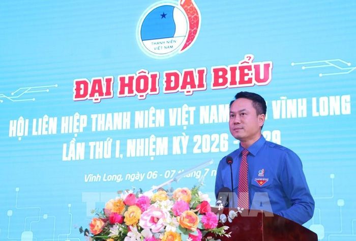 Anh Nguyễn Kim Quy, Bí thư Trung ương Đoàn, Phó Chủ tịch Thường trực Trung ương Hội LHTN Việt Nam phát biểu tại Đại hội. Ảnh: Huỳnh Phúc Hậu - TTXVN