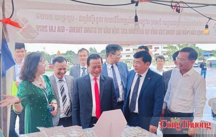 Bà Nguyễn Thị Bích Thu (lề trái), Giám đốc Trung tâm Khuyến công và Xúc tiến thương mại giới thiệu cho đại biểu về các sản phẩm của tỉnh Gia Lai. 