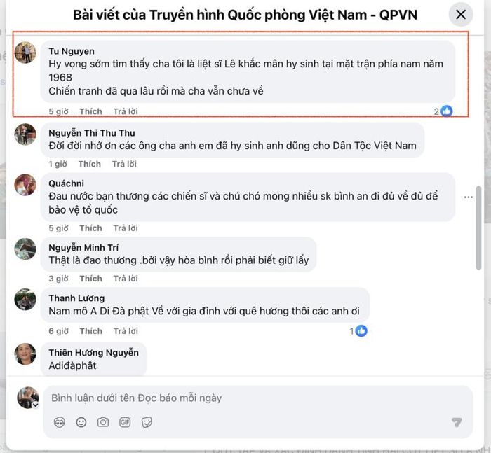 Một người con viết tìm cha mình, liệt sĩ Lê Khắc Mân, hy sinh tại mặt trận phía Nam năm 1968, kèm câu ngắn gọn mà xót xa: “Chiến tranh đã qua lâu rồi mà cha vẫn chưa về.” Ảnh chụp màn hình.