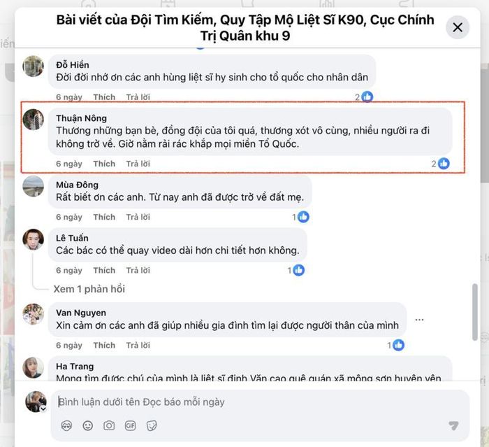 Facebook “Thuận Nông” để lại bình luận xót thương bạn bè, đồng đội. Ảnh chụp từ màn hình.