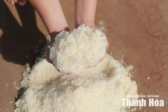 Những hạt muối trắng kết tinh từ nắng, gió và nước biển trên cánh đồng muối Tam Hòa, xã Hoa Lộc. Ảnh: Tăng Thúy