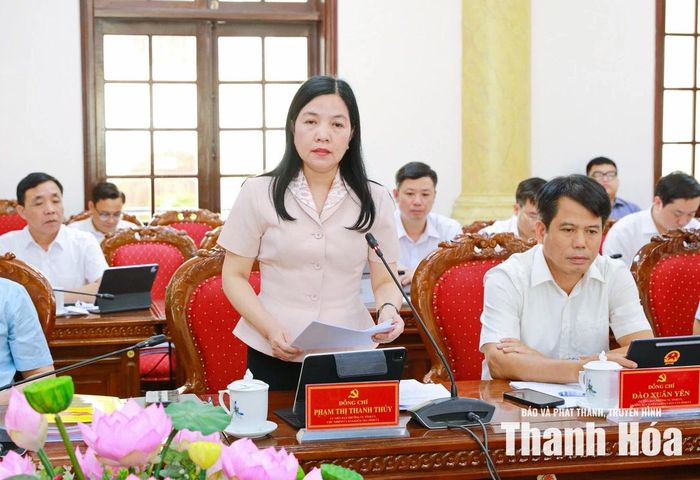 Chủ nhiệm Ủy ban kiểm tra Tỉnh ủy Phạm Thị Thanh Thủy phát biểu tại hội nghị.