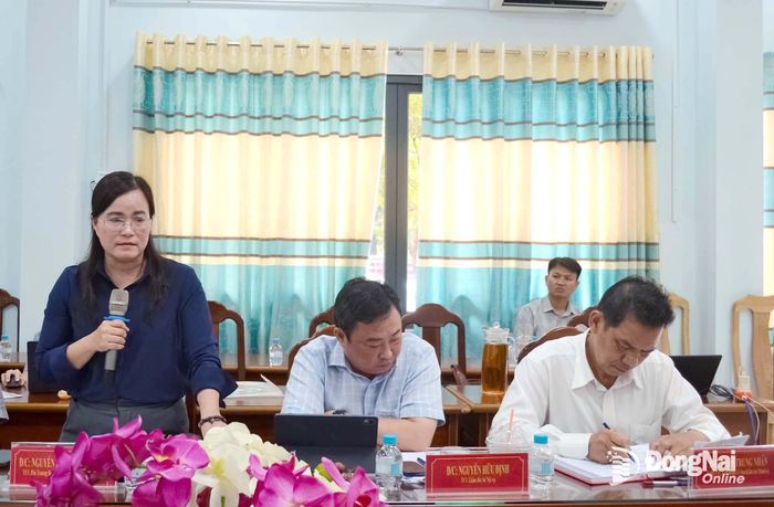 Thành ủy viên, Phó Trưởng ban Thường trực Ban Tuyên giáo và Dân vận Thành ủy Nguyễn Thị Hồng Trang phát biểu tại buổi làm việc. Ảnh: Phương Hằng